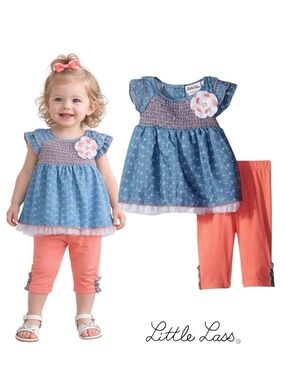 Little Lass Blue Coral Smocked Flower Capri Set NWT Size 24M